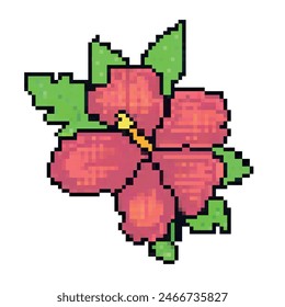 Summer pixel icon Hibiscus flower icon in pixel art style. Inspired by games from the 80s, 90s. Digital vintage game style. Design for textile print, cover template, embroidery, sticker, card