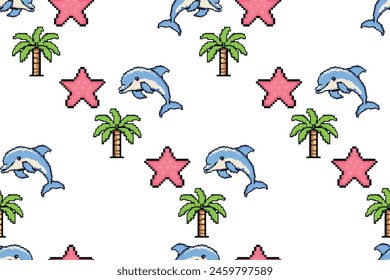 Summer pixel pattern with cute dolphin, seashells and palm for children. Trendy pattern for textile design, wallpaper, wrapping paper, scrubbing, children's parties, stickers, notebook cover.