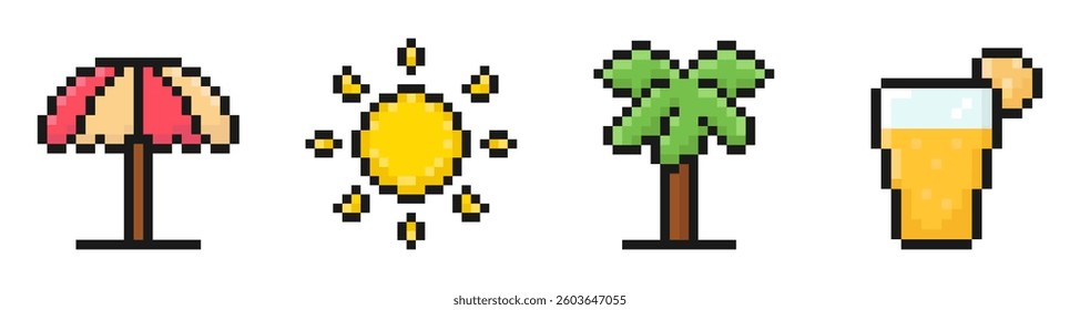 summer pixel set of icons, vintage, 8 bit, 80s, 90s games, computer arcade game items, beach umbrella, sun, palm tree, juice glass, vector illustration