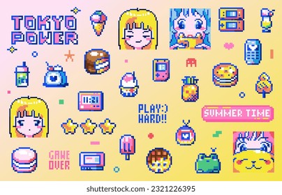 Summer Pixel Sticker Set. Y2K 8 Bit Pixel Art Set Featuring Cute Kawaii Elements - Anime Girl, Ice Cream, Cake, Cookie, Frog, Pineapple, Street Food, Syrup Ice, Digital Watch, and Portable Console