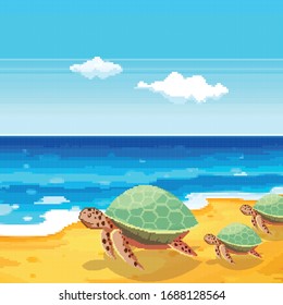 Summer pixel turtle on beach.Pixel art 8 bit.