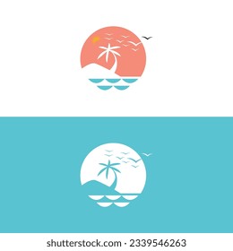 Plam de verano con ola diseño de logotipo azul minimalista vector, diseño del logotipo de ondas, Palm tree, Palm tree logo template,Vector dibujar coco árbol.