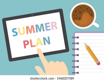 summer plan written on tablet screen- vector illustration