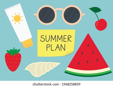 plan de verano escrito en nota pegajosa amarilla- ilustración vectorial