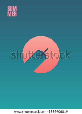 Summer plane travel abstract vector poster template with plane silhouette flying across sunset. Symbol of summer holiday, vacation, adventure, relax and journey. Eps10 vector illustration.