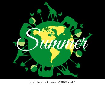 Summer, planet earth with animals, environment day. Isolated on black background Vector.