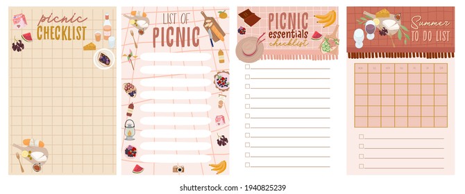 Summer planner, to do list, picnic checklist set with Summer Picnic tasty food and leisure things. Editable vector illustration.