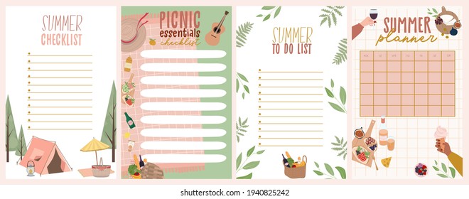 Summer planner, to do list, picnic checklist set with Summer Picnic tasty food and leisure things. Editable vector illustration.