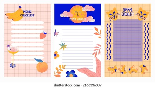 Summer planner, to do list, picnic checklist set with Summer Picnic tasty food and leisure things. Editable vector illustration.