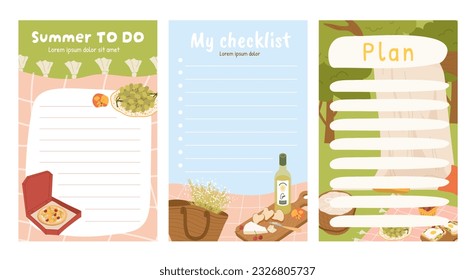 Summer planner for picnic concept. Ingredients and cooking recipe. To do list, checklist and diary. Time management and planning. Cartoon flat vector collection isolated on white background