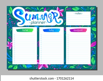 Summer Planner set with hand drawn bright exotic floral background. Vector Cartoon June, July, August organizer. Business shedule page. Turquoise backdrop