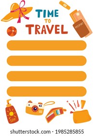 Summer planner template. Time to travel. Good organizer and schedule. List of items or purchases. Summer wish, to do list. Trendy holiday concept. Vector illustration in cartoon style.