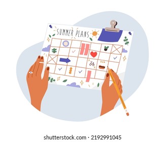 Summer Plans Concept. Hand Writing Holiday Schedule In Paper Planner Calendar. Organizing, Filling Daily To-do List, Making Notes For Vacation. Flat Vector Illustration Isolated On White Background