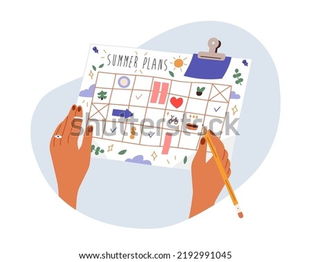 Summer plans concept. Hand writing holiday schedule in paper planner calendar. Organizing, filling daily to-do list, making notes for vacation. Flat vector illustration isolated on white background
