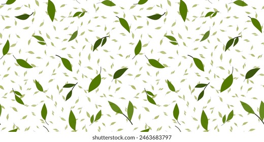 Summer plant vector illustration. Seamless pattern with many small green leaves on white background. Soft nature colors. Background decorative elements for design projects