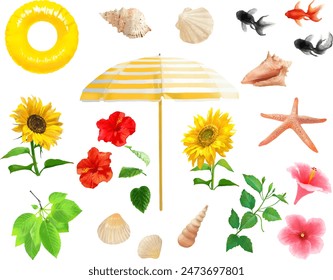 Summer plants and travel outdoor goods - summer image items illustration set vector material