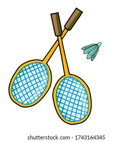 juego de verano babminton, raqueta y frio, color y línea vectorial iluminar doodles dibujados a mano aislados de fondo blanco