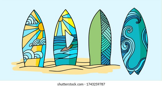 summer play surfboard set color and line vector illustraion hand-drawn doodles isolated on blue background