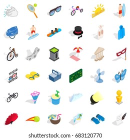 Summer playground icons set. Isometric style of 36 summer playground vector icons for web isolated on white background