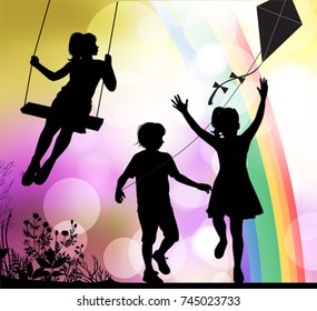 Verano, zona de juegos, imagen pintada, primavera, niño.