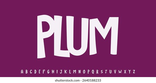 Summer plum drupe, joyful lettering, cartoon funny typography. Childish font for friendly logo headline of culinary recipe book, sweets, ice cream title. Food typographic design. Vector typeset.