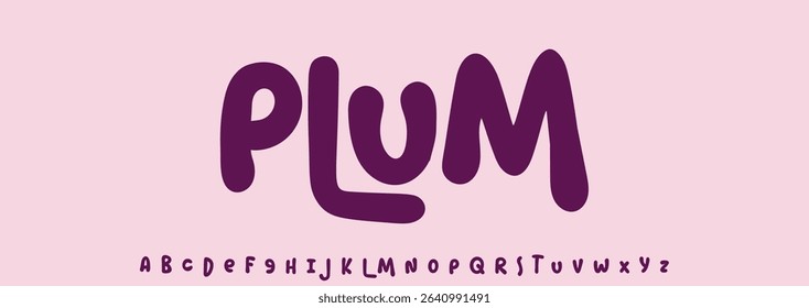 Summer Plum, joyful lettering, cartoon rounded typography. Childish font for friendly logo headline of culinary recipe book, sweets, ice cream title. Food typographic design. Vector typeset.