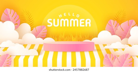 Summer podium background with pink and yellow leaves. Summer background in paper craft style. paper cut and craft style. vector.