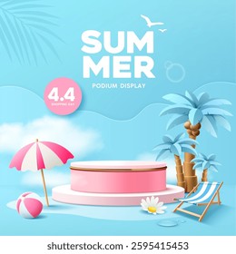 Summer podium, coconut trees, beach umbrella, beach bed, pink and blue concept poster design on cloud and blue background, EPS 10 vector illustration