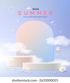 Summer podium display, colorful poster design on cloud background concept design, EPS 10 vector illustration