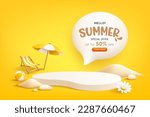 Summer podium display, pile of sand, flowers, beach umbrella, beach chair and beach ball, speech bubble space poster design, on yellow background, EPS 10 vector illustration
