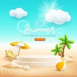 Summer Podium Display, Pile Of Sand, Flowers, Coconut Tree, Beach Umbrella, Beach Chair, Poster Flyer Design, On Cloud And Sand Beach Background, EPS 10 Vector Illustration

