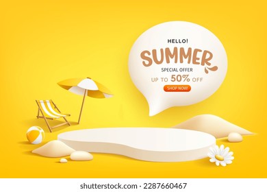 Summer podium display, pile of sand, flowers, beach umbrella, beach chair and beach ball, speech bubble space poster design, on yellow background, EPS 10 vector illustration
