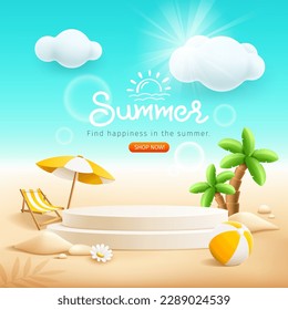Summer podium display, pile of sand, flowers, coconut tree, beach umbrella, beach chair, poster flyer design, on cloud and sand beach background, EPS 10 vector illustration

