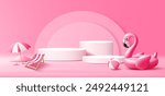 Summer podium display, Pink flamingo inflatable swimming pool, beach umbrella, pile of sand, beach ball, banner design, on pink background, EPS 10 vector illustration