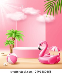 Summer podium display, Pink flamingo inflatable swimming pool, coconut trees, pile of sand, beach ball, banner design, on sand beach cloud and sky pink background, EPS 10 vector illustration
