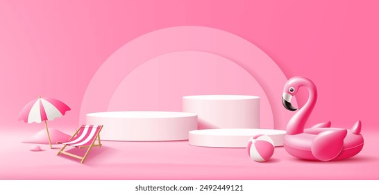 Summer podium display, Pink flamingo inflatable swimming pool, beach umbrella, pile of sand, beach ball, banner design, on pink background, EPS 10 vector illustration