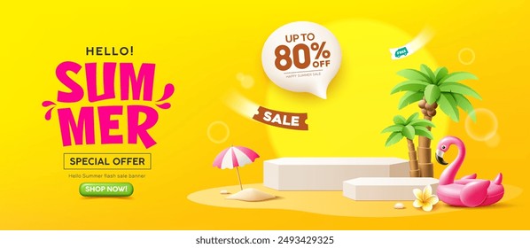 Summer podium display, Pink flamingo inflatable swimming pool, coconut trees, pile of sand, beach umbrella, banner design, on sand beach yellow background, EPS 10 vector illustration