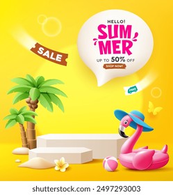 Summer podium display, Pink flamingo inflatable swimming pool, coconut trees, pile of sand, beach ball, poster design on yellow background, EPS 10 vector illustration