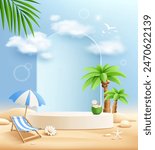 Summer podium display poster flyer design, coconut trees, pile of sand, coconut fruit, beach umbrella, on blue background, EPS 10 vector illustration
