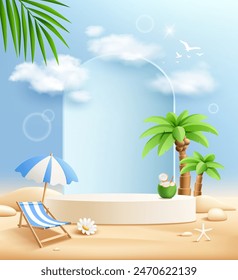 Summer podium display poster flyer design, coconut trees, pile of sand, coconut fruit, beach umbrella, on blue background, EPS 10 vector illustration
