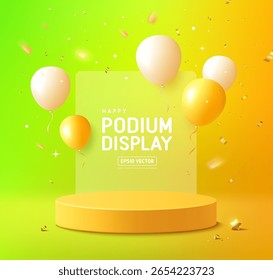 Summer podium display, yellow and cream color balloons with gold ribbons on colorful poster design background, EPS 10 vector illustration