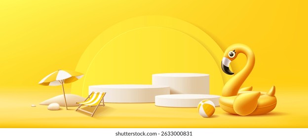 Summer podium display, Yellow flamingo inflatable swimming pool, beach umbrella, pile of sand, beach ball, banner design, on yellow background, EPS 10 vector illustration