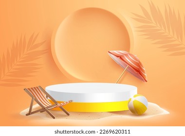 Summer podium vector design. Summer product display with podium and beach elements in background. Vector illustration summer product advertisement.
