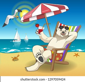 In summer, the polar bear rests on the beach by the sea 