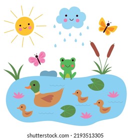 Summer pond cartoon, vector illustration