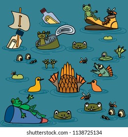 Summer pond with frogs, fish and flowers. Vector illustration.