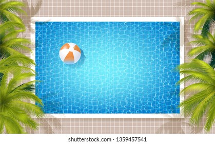 Summer Pool Background With Blue Water, Green Coconut Palms And Beach Ball. Top View. Vector Photo Realistic Illustration