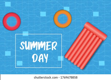 summer pool background, floating rubber mattress, and umbrella