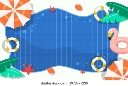 Summer pool background frame vector illustration. Swimming pool with pool floats