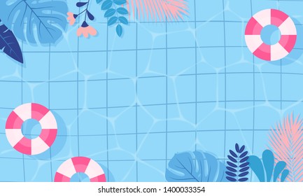 Summer pool background vector illustration. swimming pool blue and pink theme with copy space.